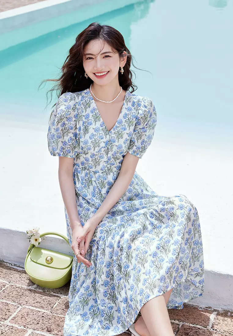 Summer Puff Sleeve V-Neck A-Line Floral Dress