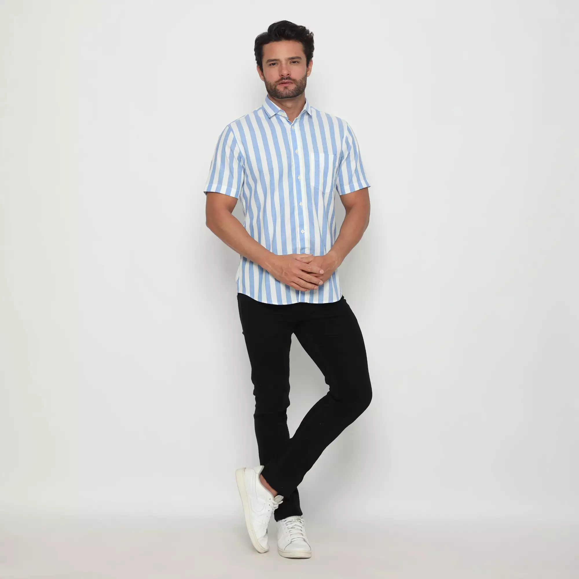 Platini Kemeja Motif Salur Pria Lengan Pendek Katun Biru 73341.02