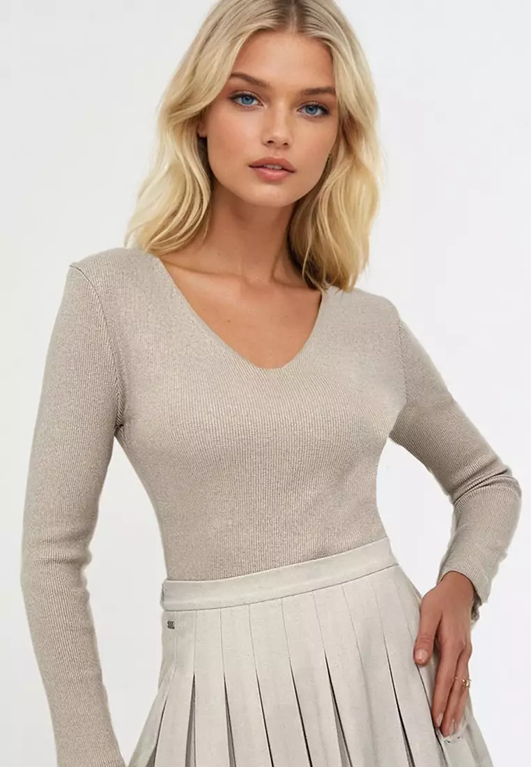 V-Neck Long Sleeves Rib Top