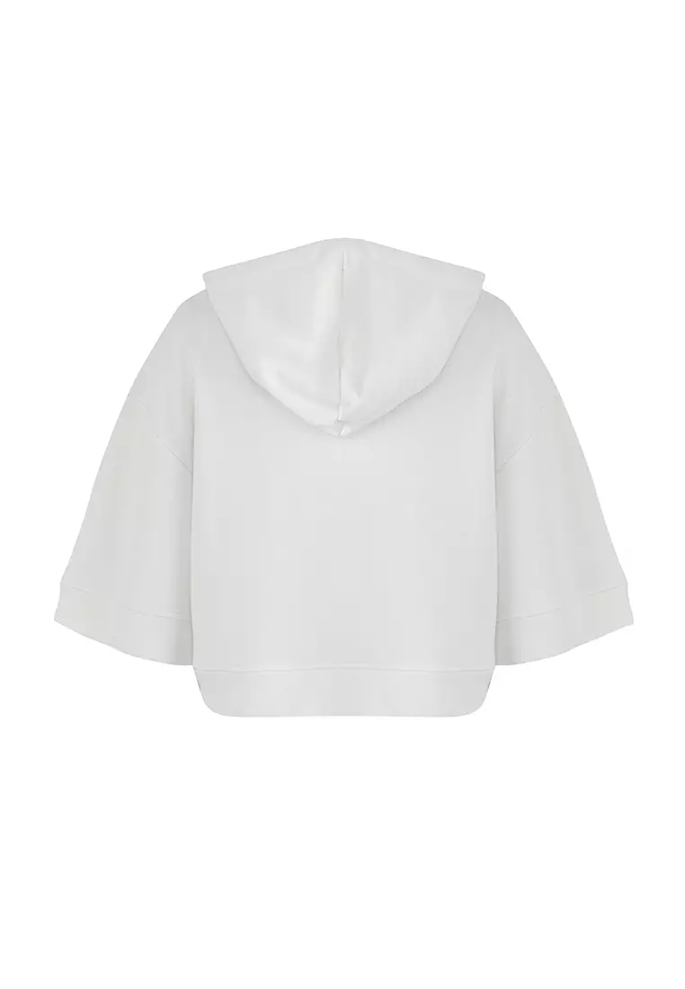 Ecru Hooded Zipper Detailed Three Quarter Sleeve Thick Knitted Sweatshirt Twoaw26Sw00024
