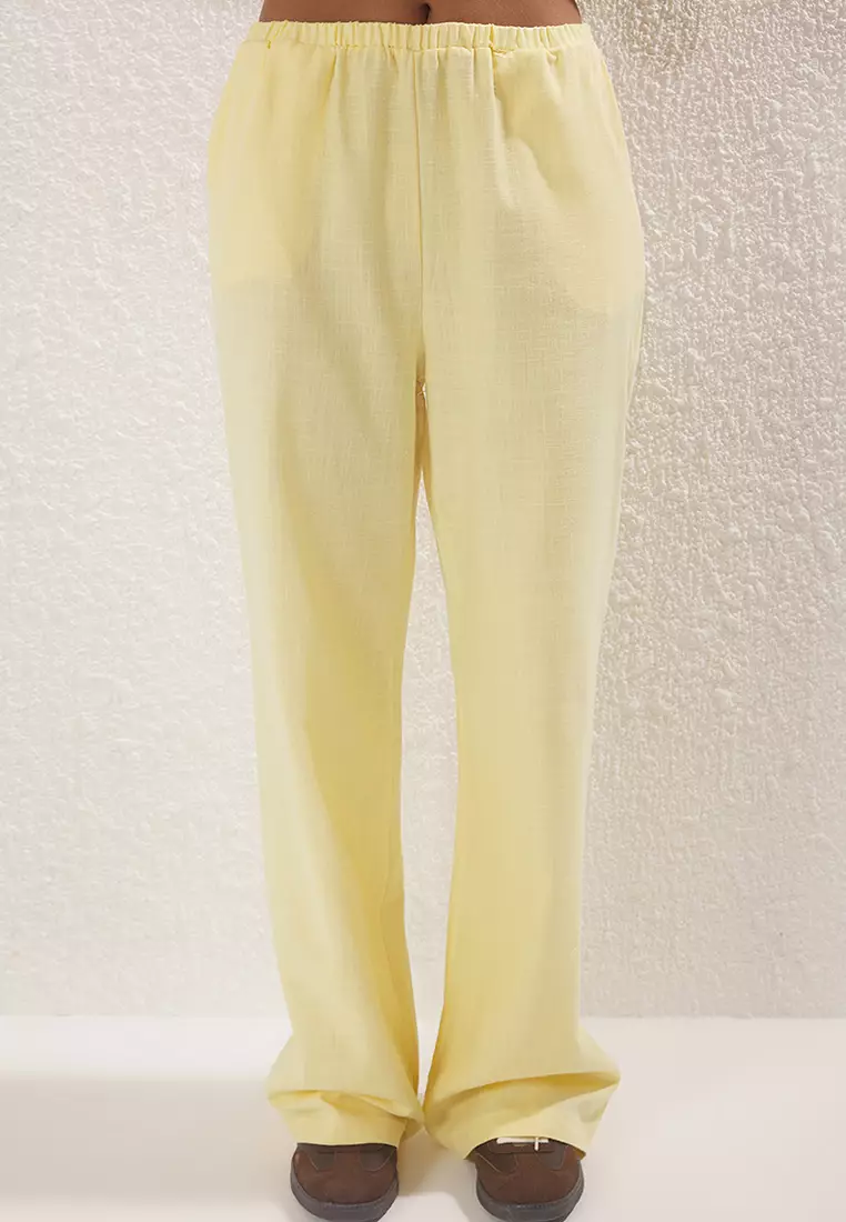 Yellow Bow Linen Look Blouse with Wide Leg Trousers Woven Double Bottom-Top Set TWOSS25AU00034