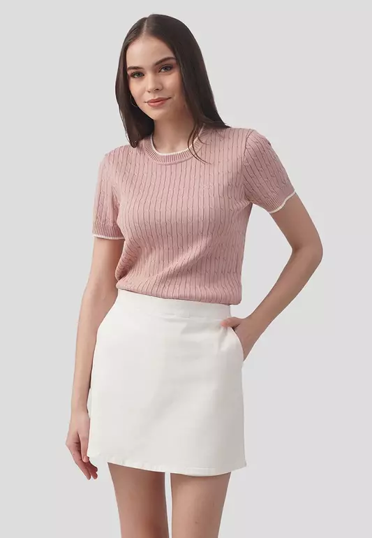 Cable Knit Top With Contrast Tipping