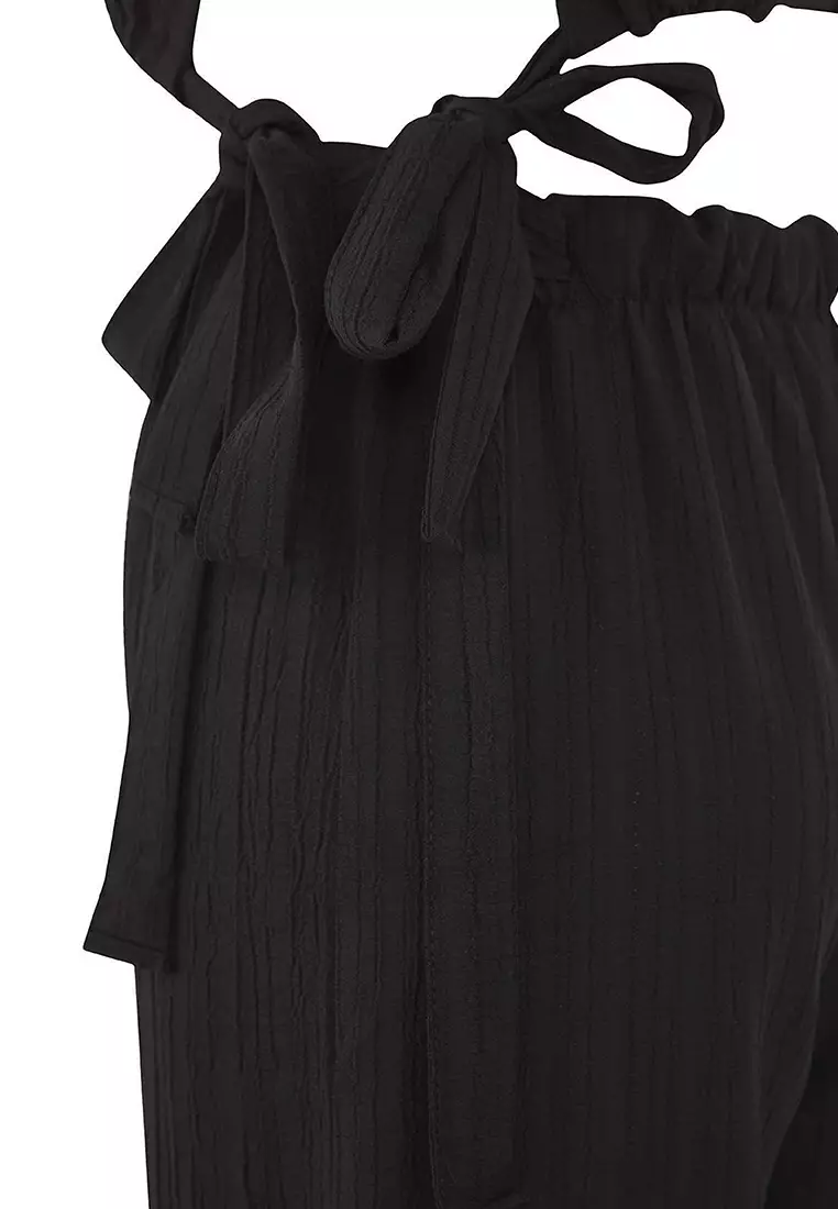 Black Woven Binding Detailed Deep V-Neck Beach Blouse Pants Suit Tbess25Au00088