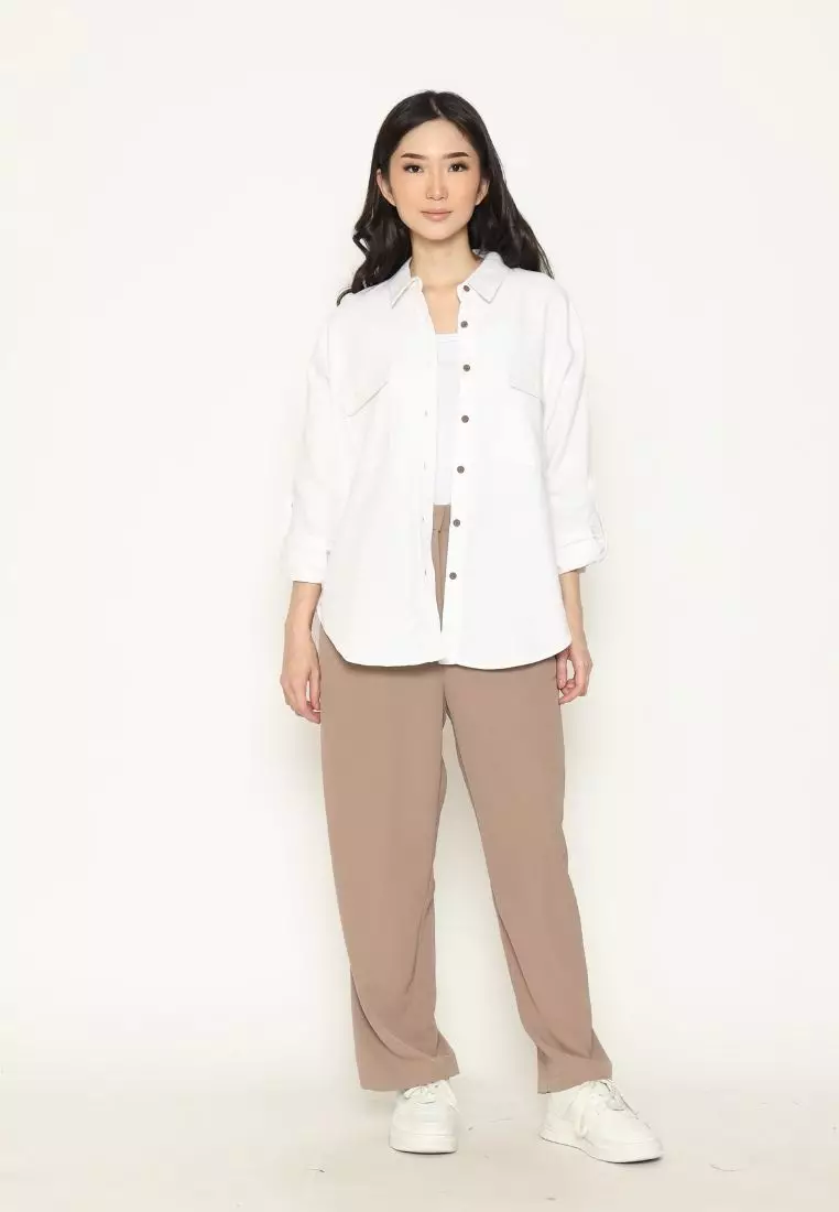 Urban Exchange Ariana Waffle White Shirt - Atasan Kemeja Outer Putih