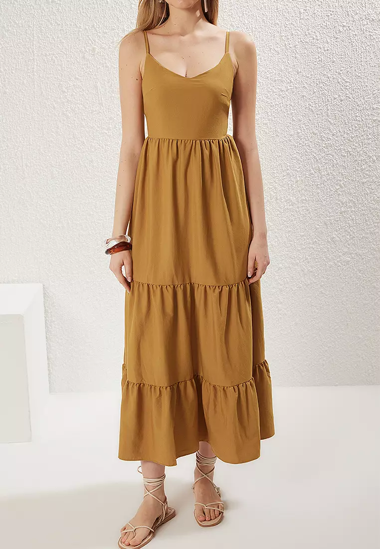 Fat Green Skirt With Flounce Back Tie Detail Strappy Maxi Woven Dress