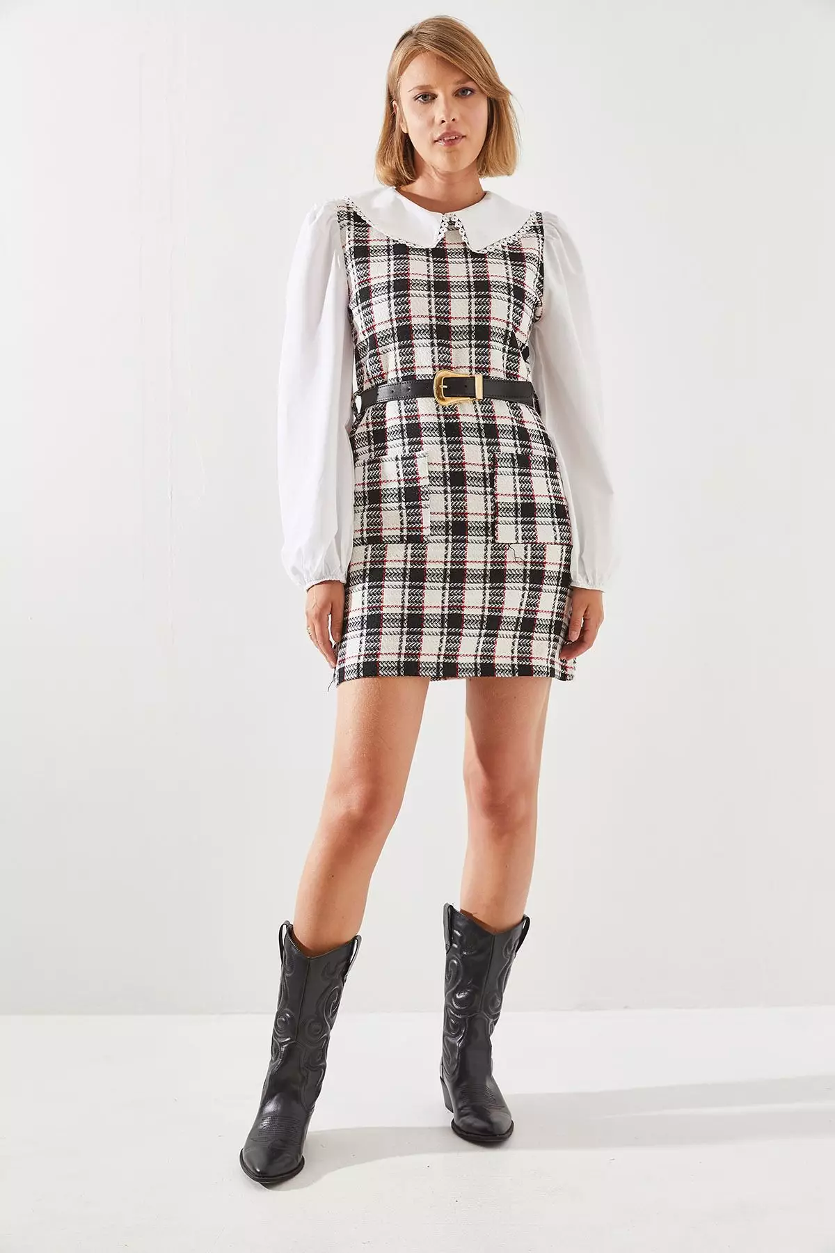 Women's Belted Plaid Patterned Collar Dress
