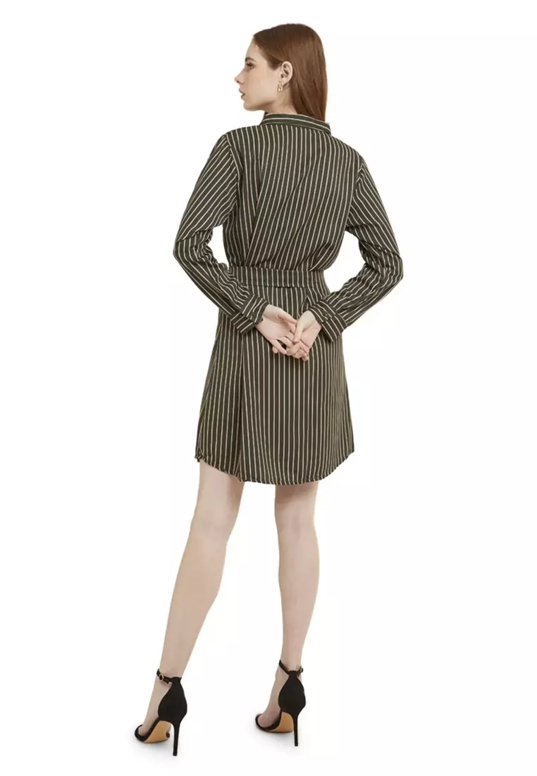 Tunik Salur Self Tie Belt Baju Wanita Lengan Panjang Garis Regular Fit - Green