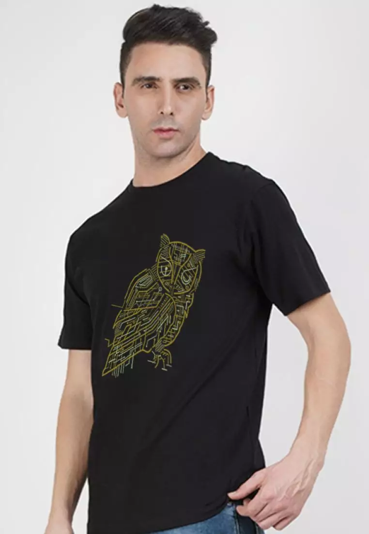 猫头鹰图案黑色棉质短袖必备 T 恤