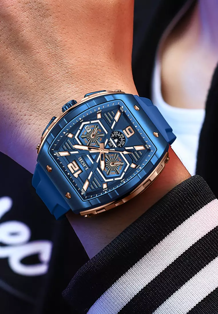 Unisex Tonneau Shaped IP Blue & Rose Gold Color Quartz Watch, Rubber Strap