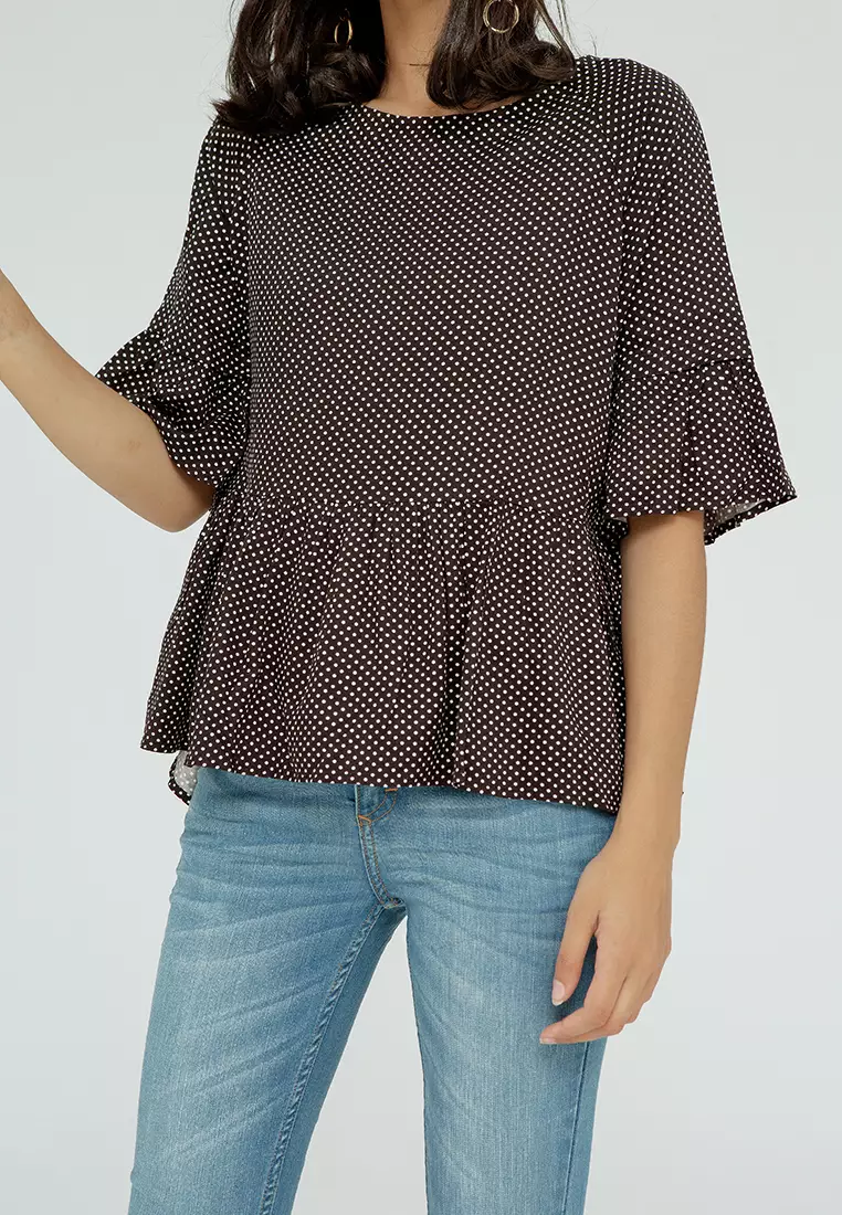 Casual 3/4 Sleeves Blouse Polkadot Black Combo