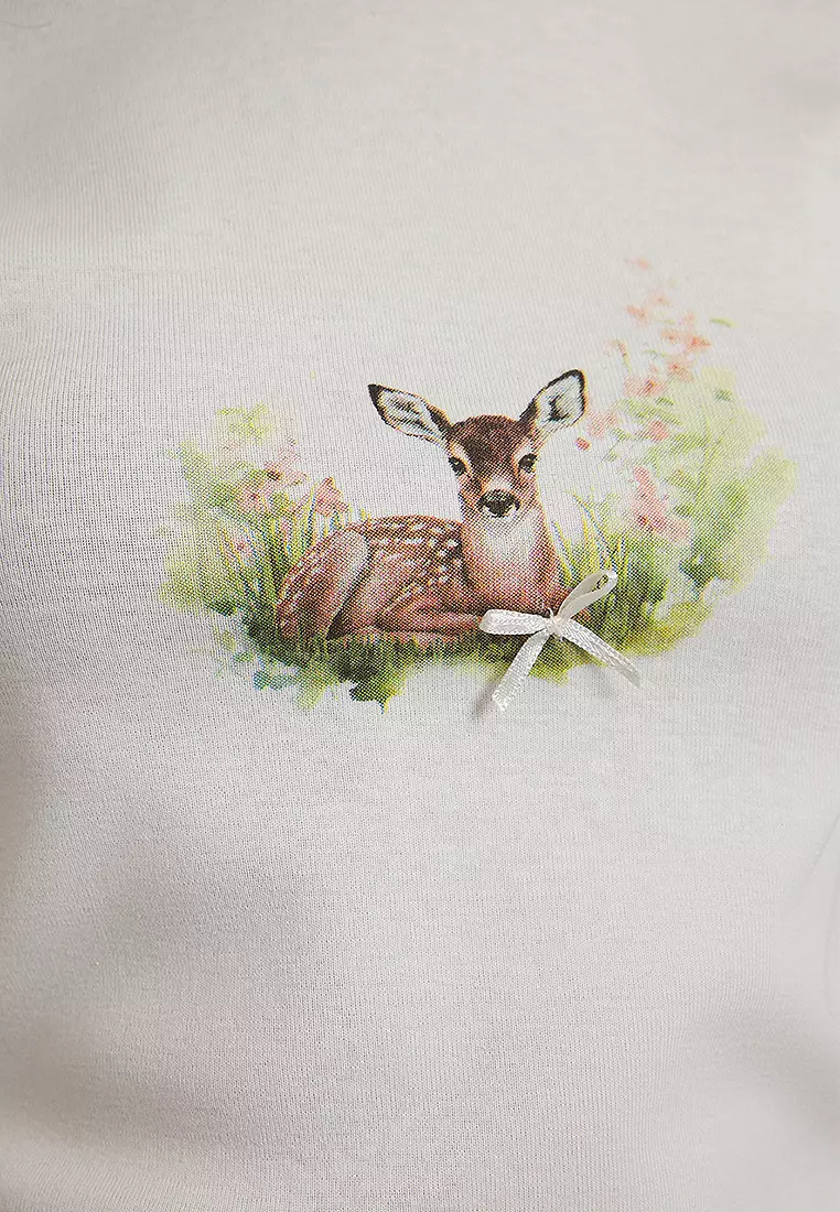 Ecru Deer Printed Fitted Knitted T-Shirt