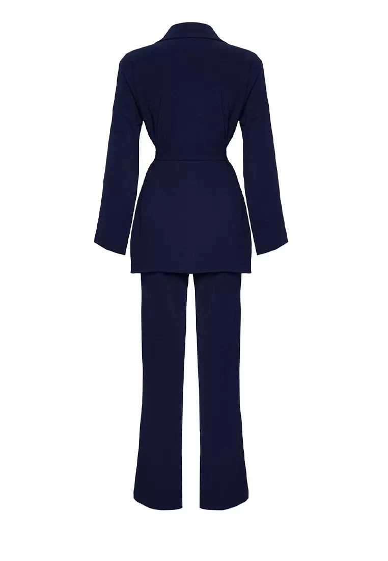Navy Blue Belted Double Breasted Shirt-Pants Woven Bottom-Top Set TCTSS25US00001