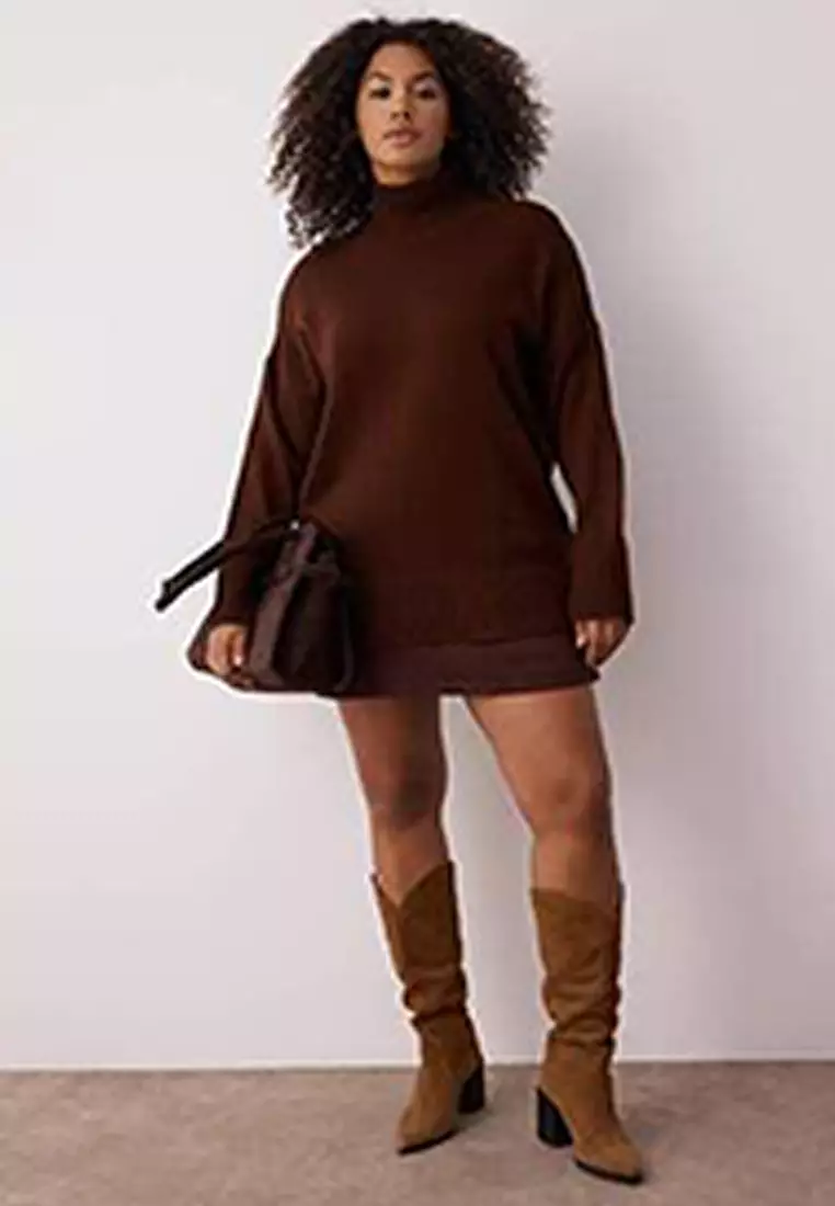 Brown Turtleneck Off-Shoulder Knitwear Sweater
