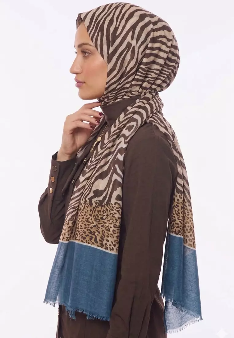 Hijab Scarf Animal Print Stripes Blue Border Viscose Scarf Beige, Brown & Blue