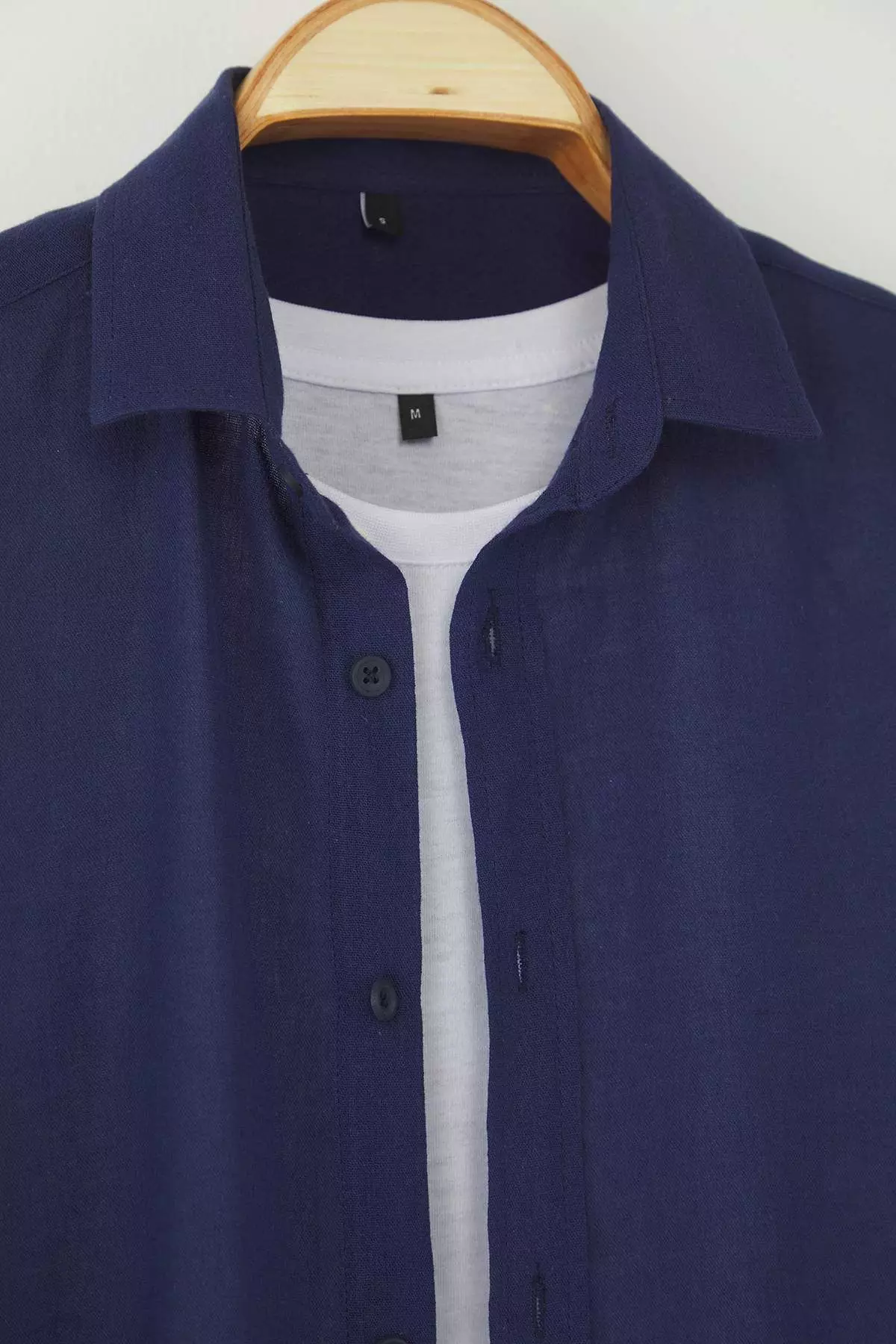 Navy Blue Regular Fit Epaulette Crinkle Effect Linen Look Shirttmnss23Go00061