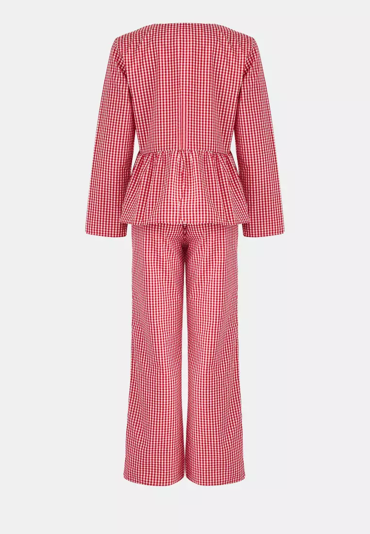 Red Plaid Tie Detail Pajama Set