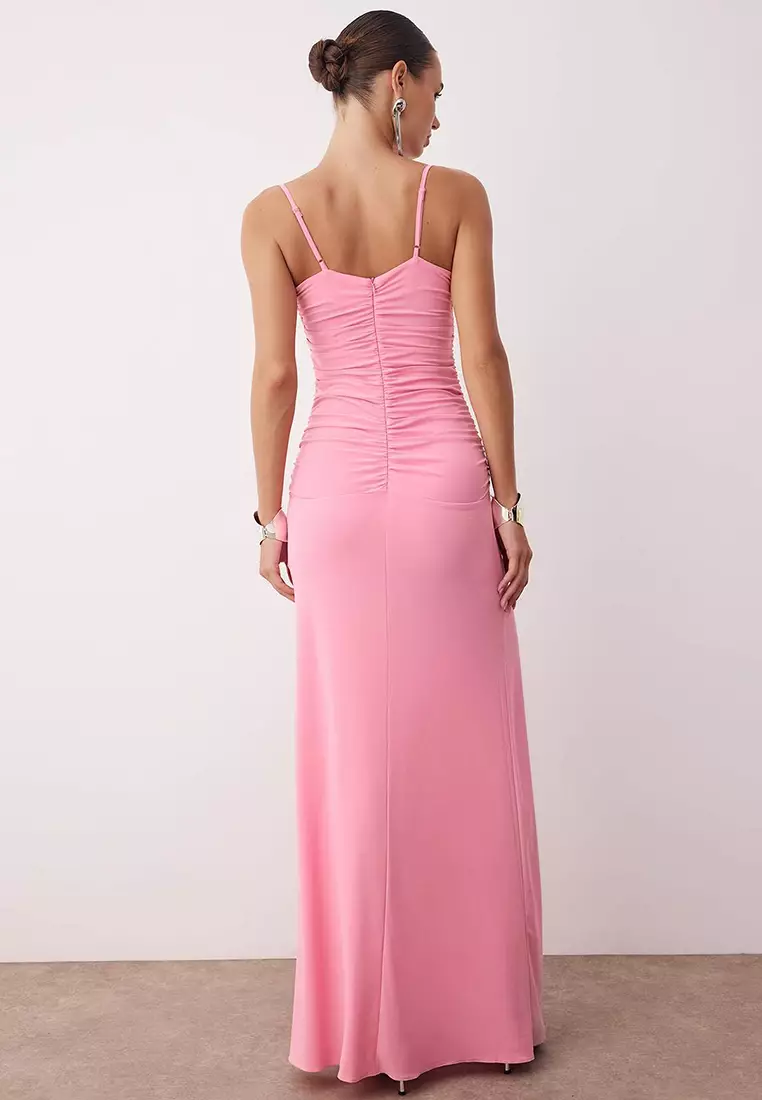 Pink Cowl Neck Drape Detailed Knitted Long Elegant Evening Night Graduation Dress Tprss22Ae0112