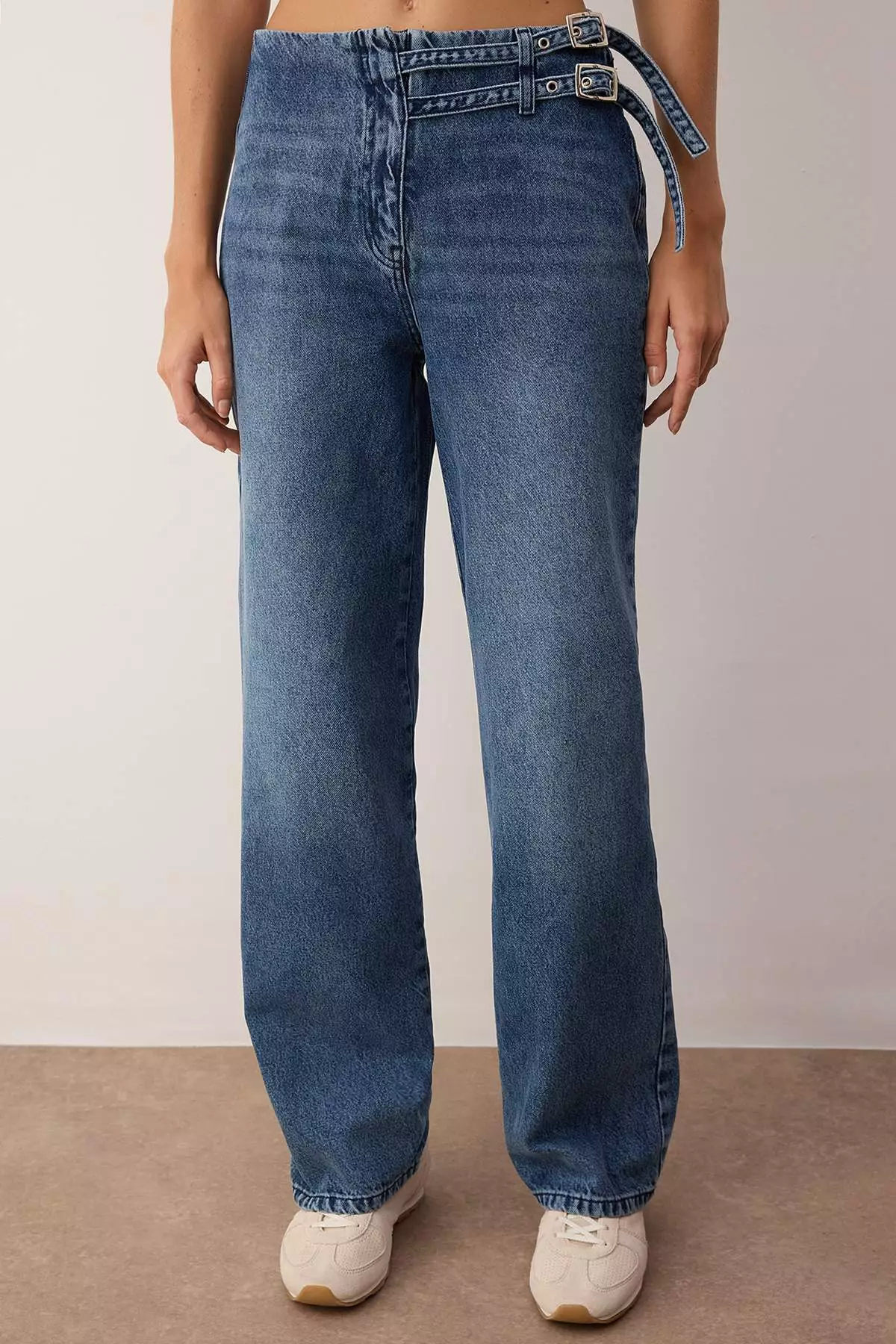 Blue Belt Detailed Normal Waist Wide Leg Jeans