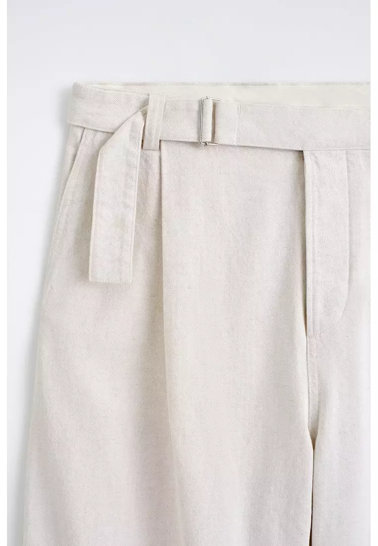 BELTED DENIM RELAXED-FIT BARREL-LEG TROUSERS