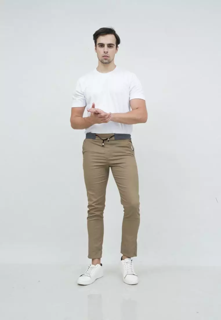 Celana chino panjang cino slim fit PINGGANG KARET krem tua houseofcuff