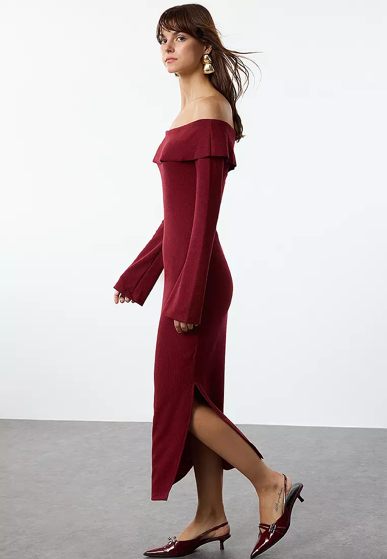 Claret Red Fitted Carmen Neck Soft Textured Midi Stretchy Knitted Pencil Dress