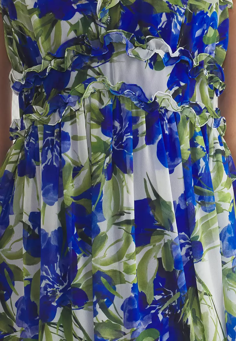 Saxe Floral Patterned Ruffle Maxi Chiffon Woven Dress