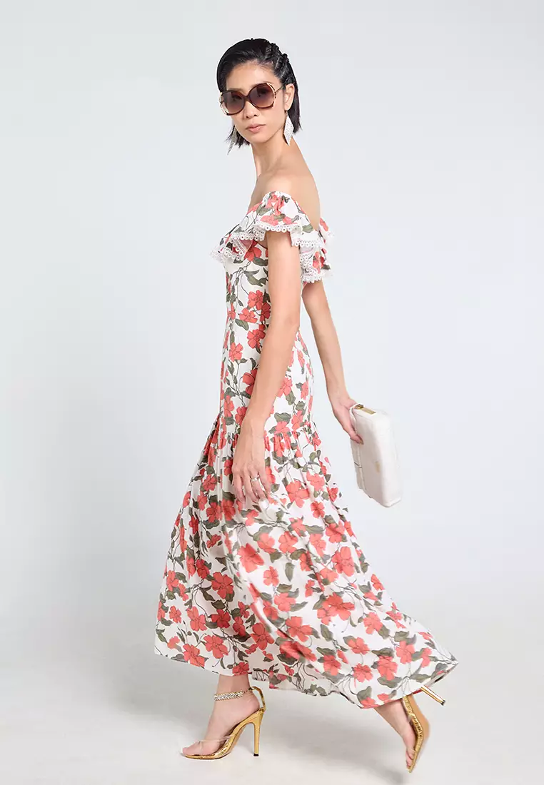 Ruffled Off-Shoulder Floral Linen Dress