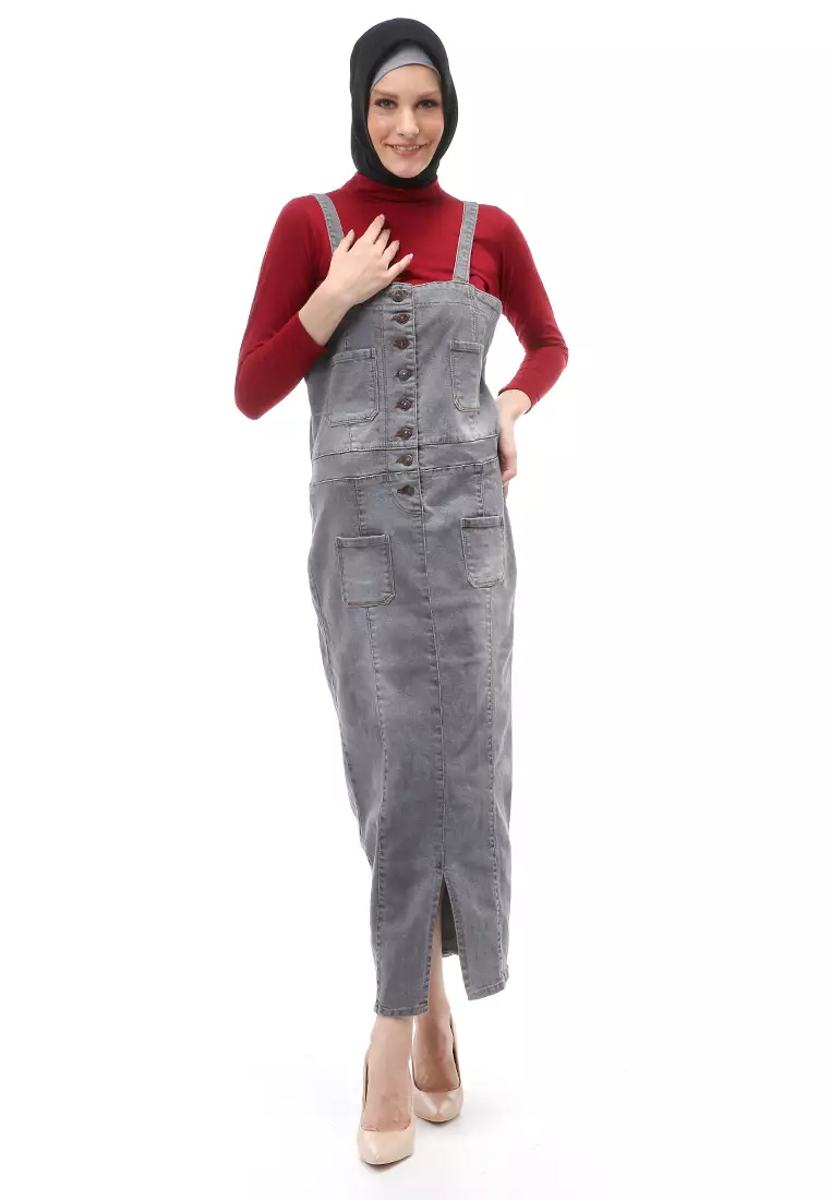 Ellida Overall Wanita Jeans Rok Kodok Regular Fit - Grey