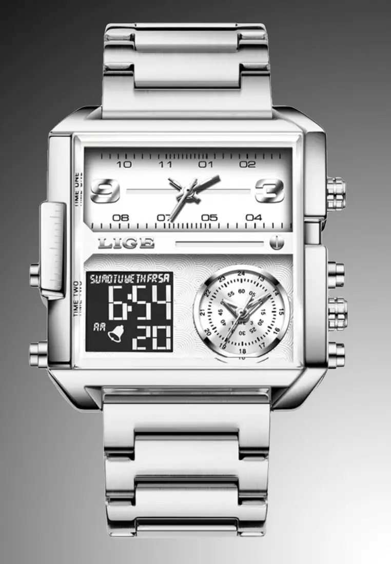 Unisex Analogue/Digital Chronograph with Two Time Zones, Stainless Steel Quartz Watch, 42mm(W) X 40mm(H), Stainless Steel Bracelet