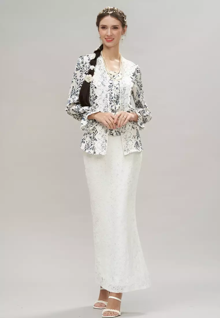 Vintage Blue Floral Lace Trimming Kebaya Top & White Lace Skirt Modern Kurung