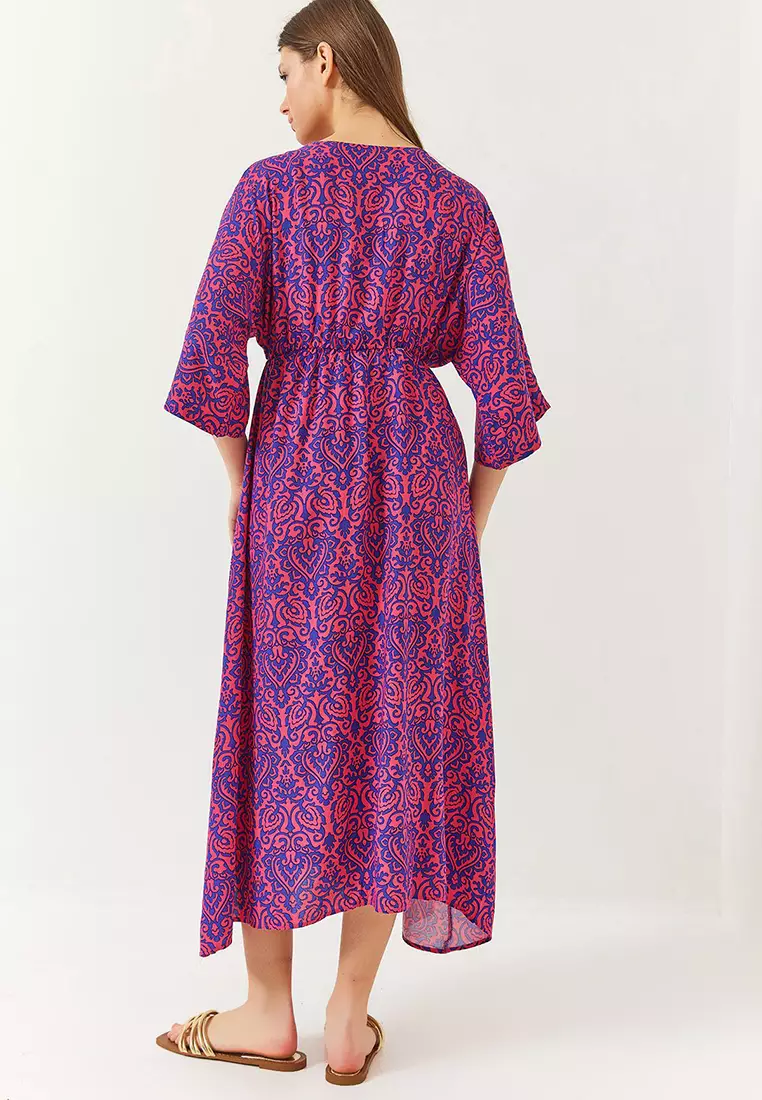 Women's Double Breasted V Neck Front Slit Detail Print Dress 60261411