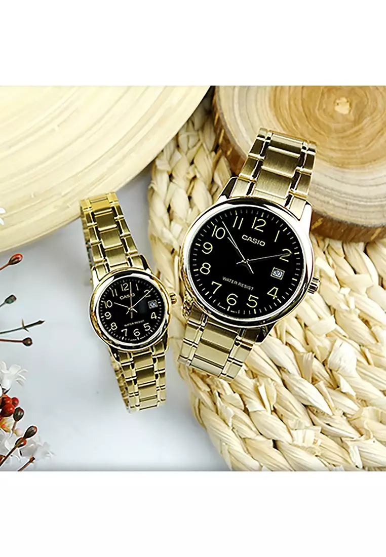 Couple Analog Watch MTP/LTP-V002G-1B Gold Stainless Steel Strap