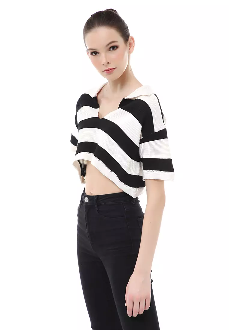 Albertine Atasan Crop Wanita Lengan Pendek Motif Salur Material Rajut ORIGINAL - Black