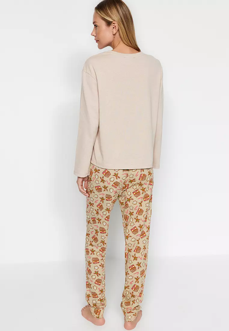 Cream 100% Cotton Christmas Themed Knitted Pajama Set THMAW24PT00061