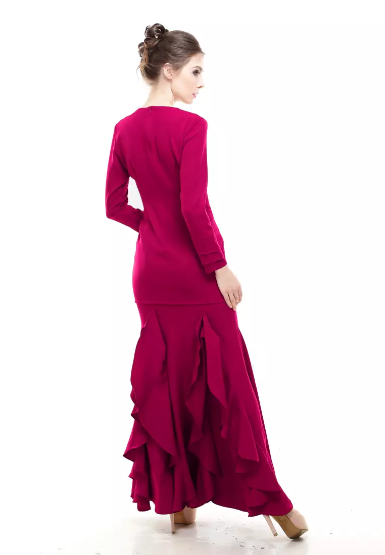 Zerra Kurung Modern Ruffle Skirt in Pink Maroon