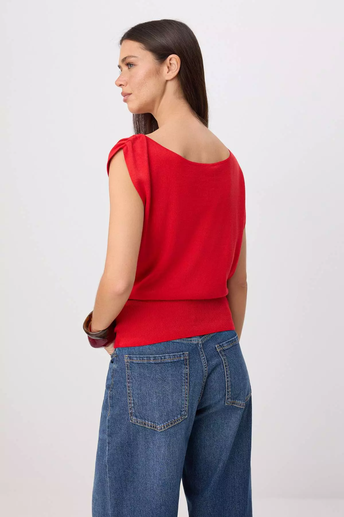 Red Summer Special Yarn Boat Neck Waist Fitted Knitwear Blouse Twoss26Bz00313