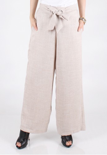 Patterned Linen Bow Waisted Culottes - Beige