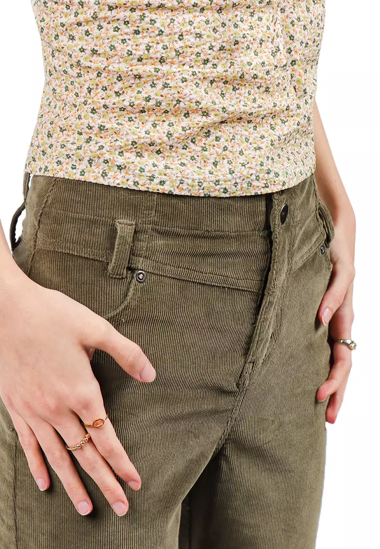 Corduroy Straight Leg Pants With Front Yoke And Raw Hem