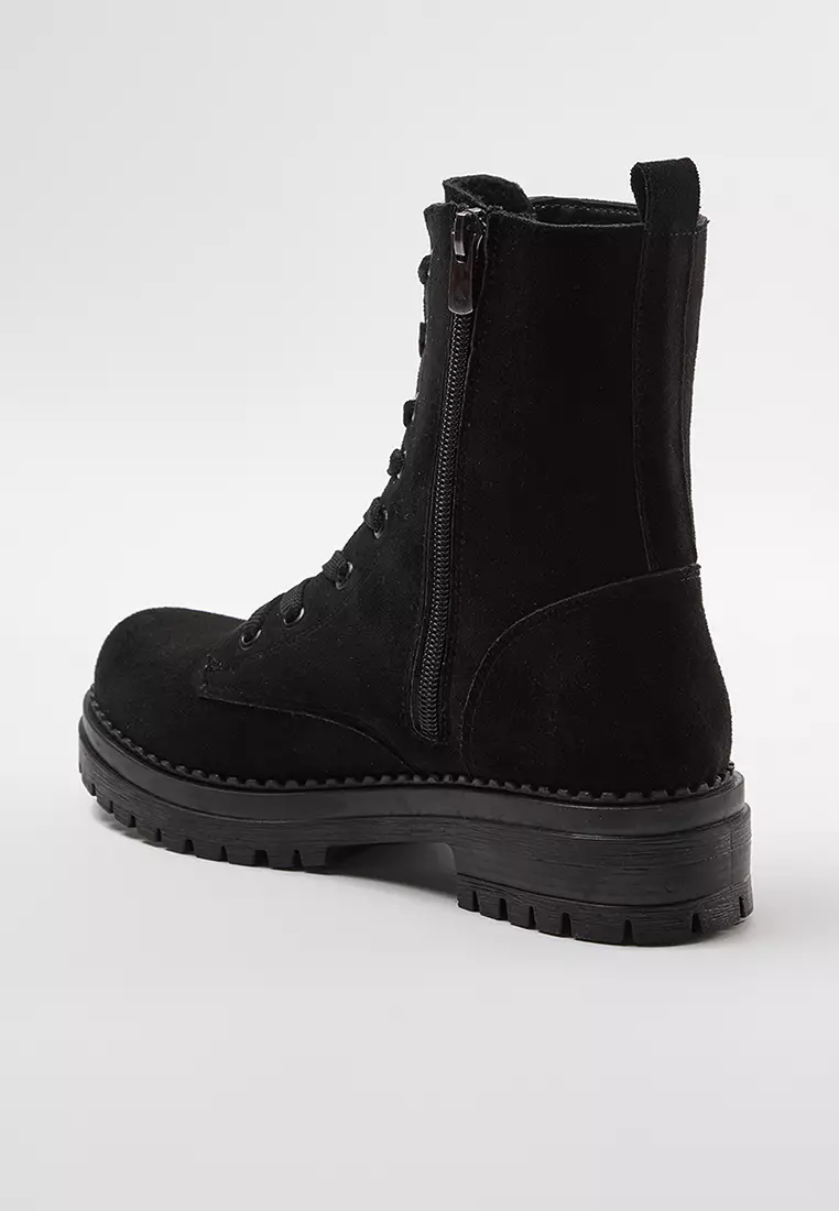 Black Suede Lace-Up And Zip-Up Short Flat Women's Boots Takaw25Bo00026