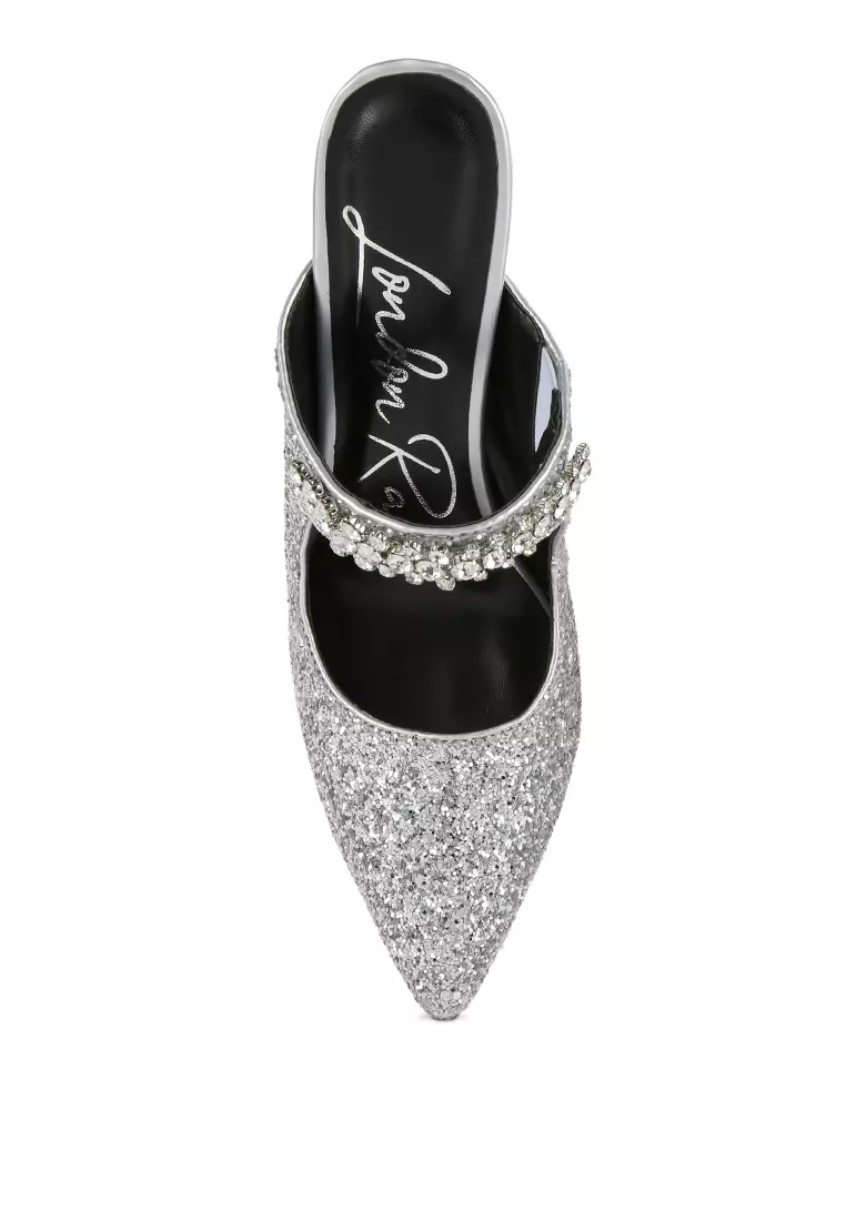 Silver Glitter Diamante High Heeled Sandals