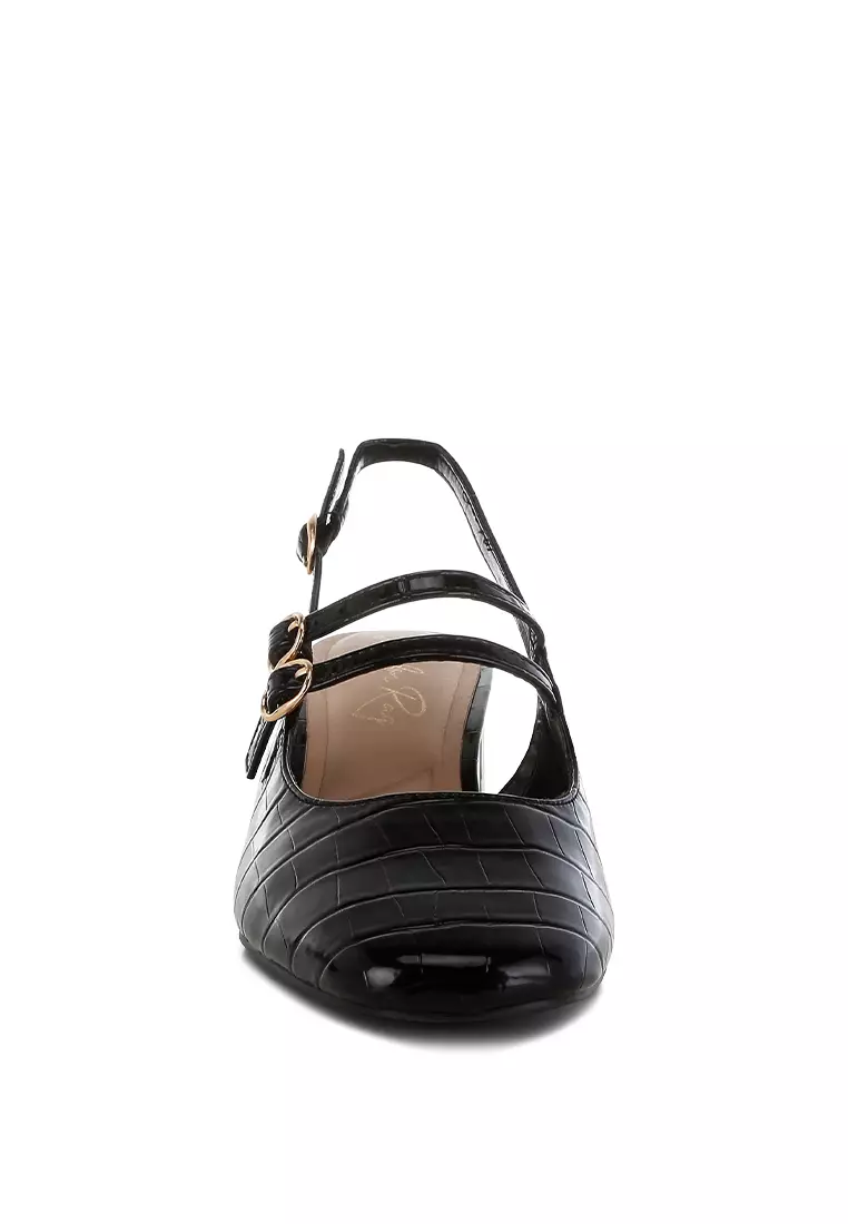Block Heel Croco Slingback Sandals in Black