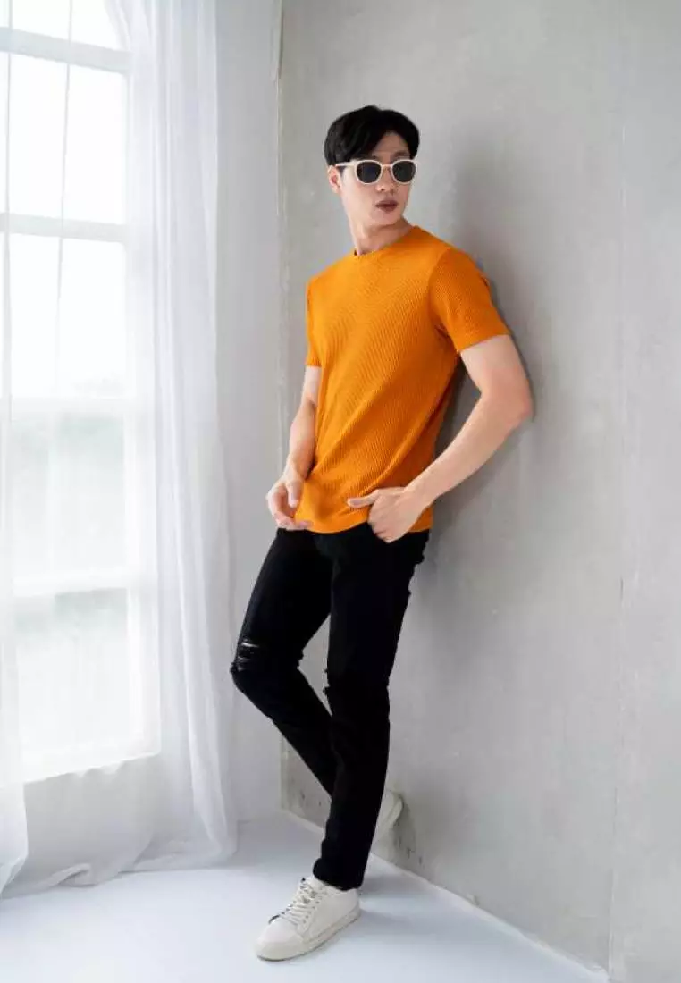 Kale Waffle Dark Mustard/ Kaos Polos Tekstur Lengan Pendek Pria / Unisex