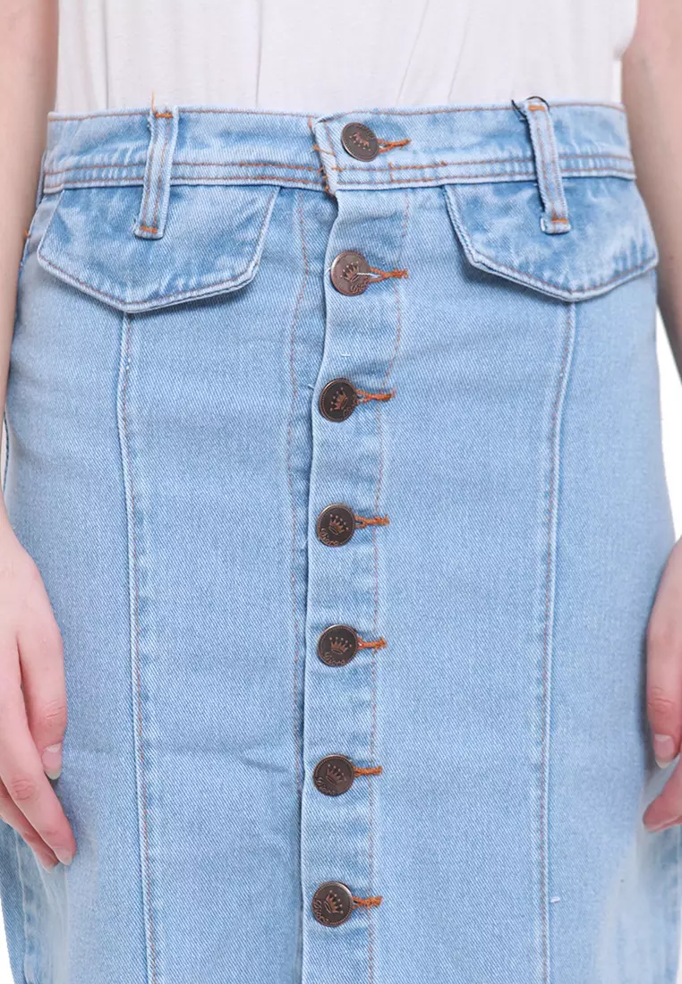 Katty Skirt Mini Jeans Motif Plain Bawahan Wanita Regular Fit - Light Blue