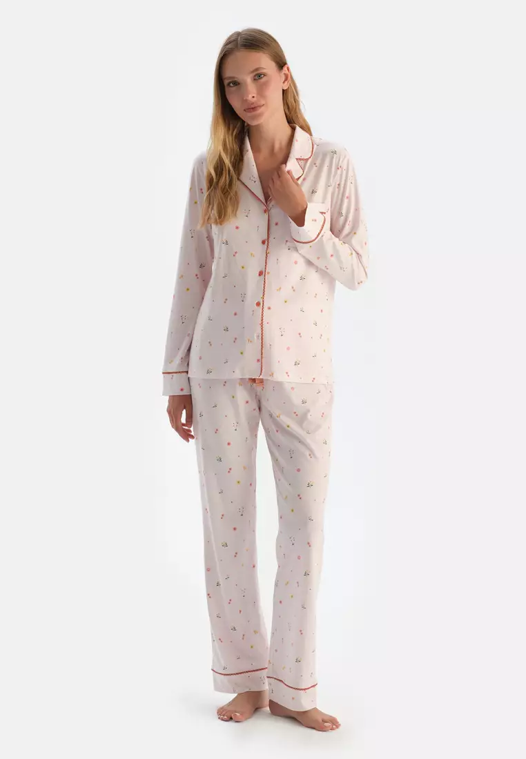 Ecru Shirt & Trousers, Flower Print, Shirt Collar, Regular Fit, Long Sleeve Sleepwear for Women