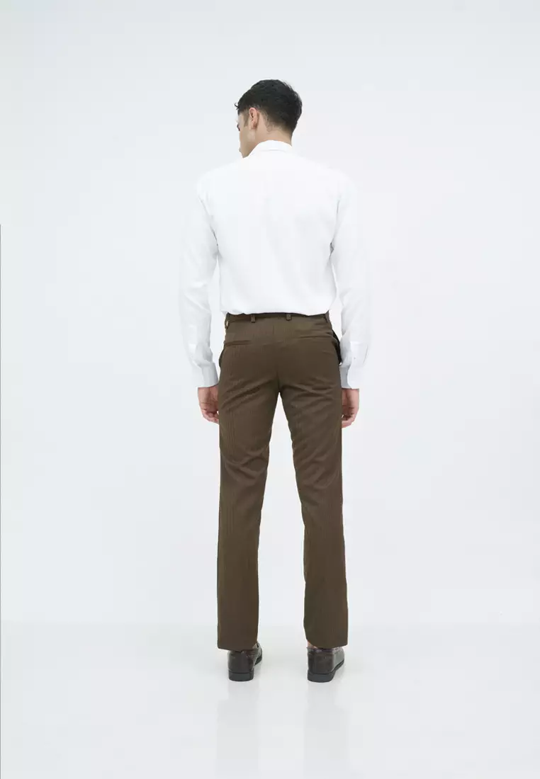 Celana panjang slimfit pria kerja formal garis halus coklat houseofcuff