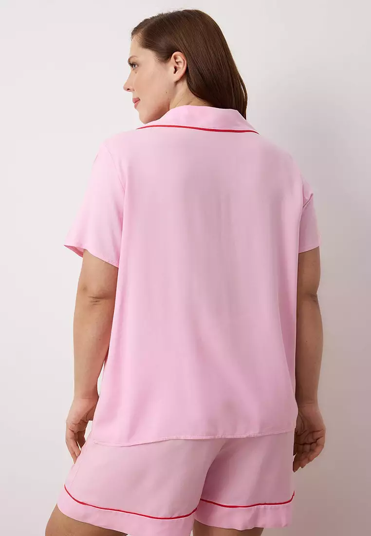 Pink Piping Detailed Viscose Woven Pajama Set Tbbss25Ai00016