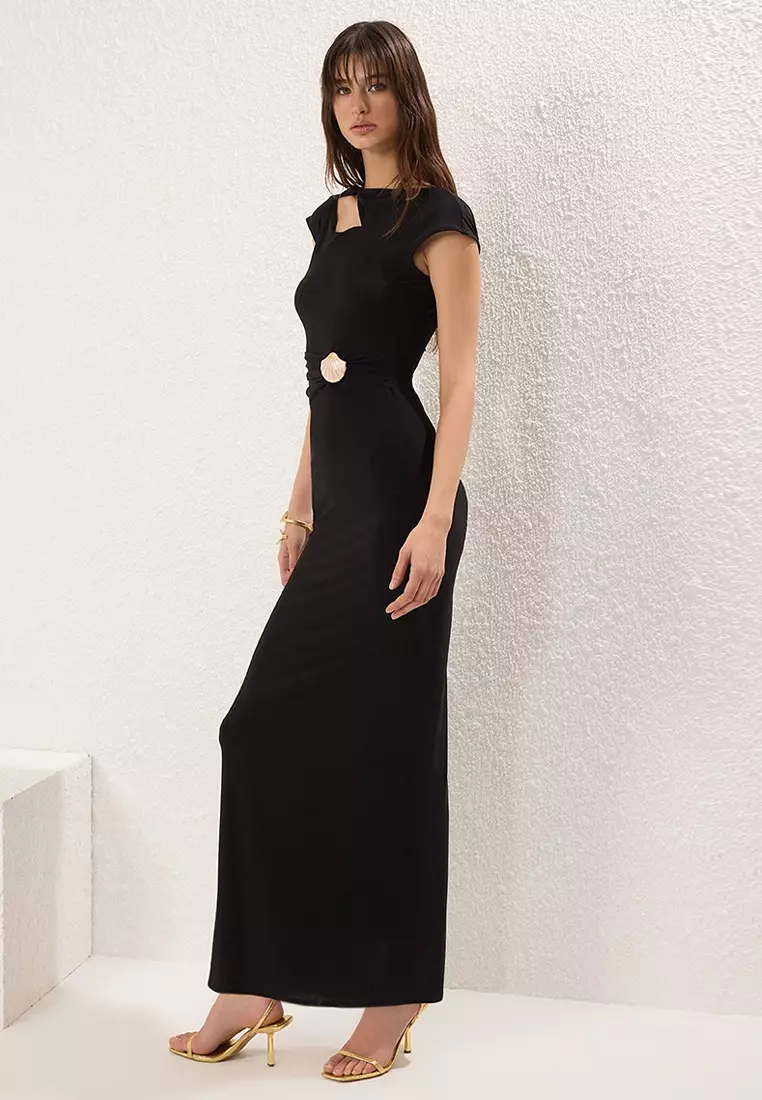Black Accessory Detailed Knitted Long Elegant Evening Night Graduation Dress TPRSS25AE00097