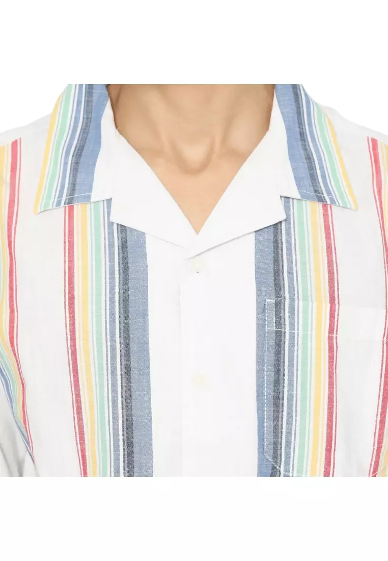 RBJ Kemeja Salur Linen Krah Hawaii Putih Biru Regular Fit Pria