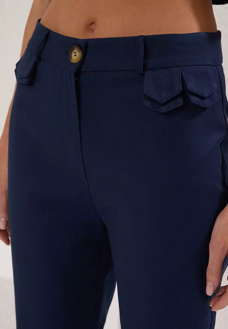 Navy Blue Faux Pocket Flap Cotton Bootcut Trousers TWOSS25PL00077