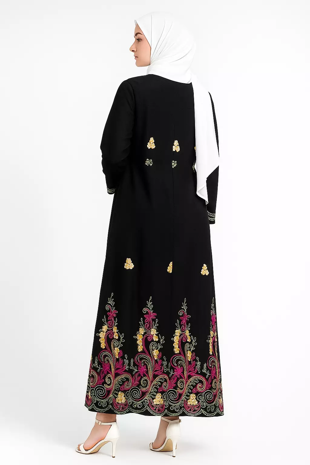 Zahra Maxi Dress In Black With Yellow Pink Embro